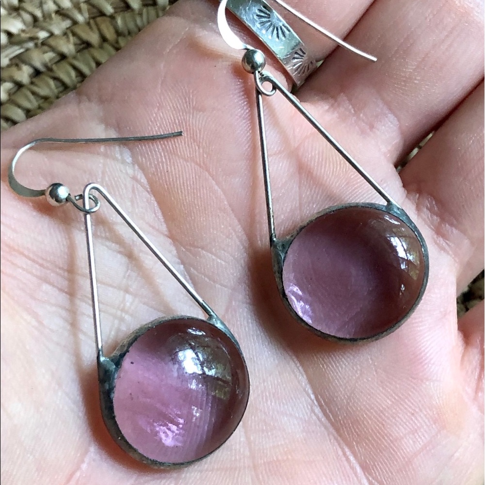Lavender Purple Glass Bead Earrings Silver